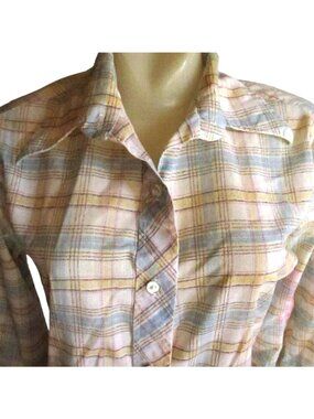 True Vintage Top Blouse Medium 70's Carole Sue Plaid Long Sleeve Button-Up